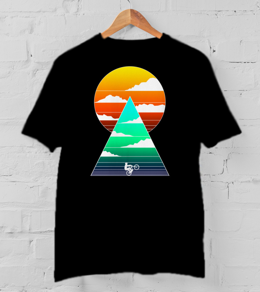 Sunset Mountain Biking Adventure In Geometric T-Shirt