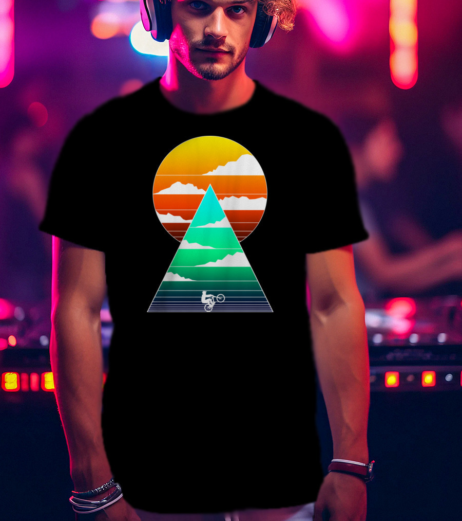 Sunset Mountain Biking Adventure In Geometric T-Shirt