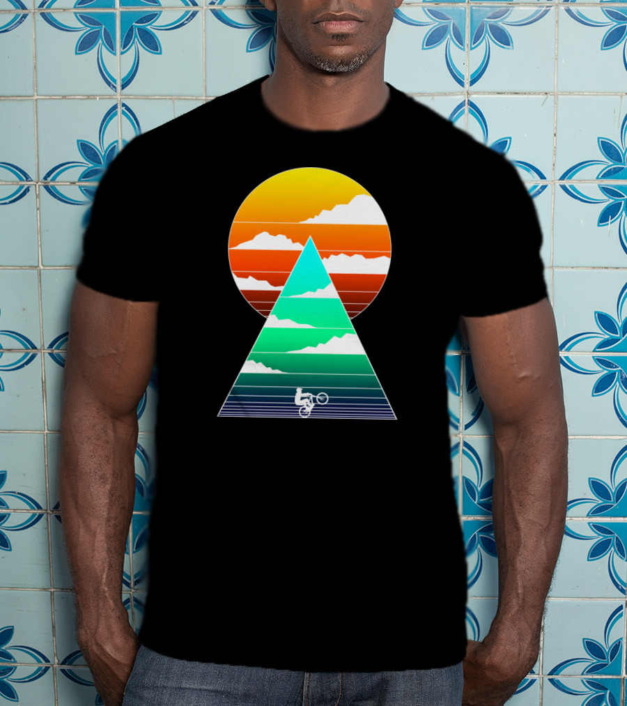 Sunset Mountain Biking Adventure In Geometric T-Shirt
