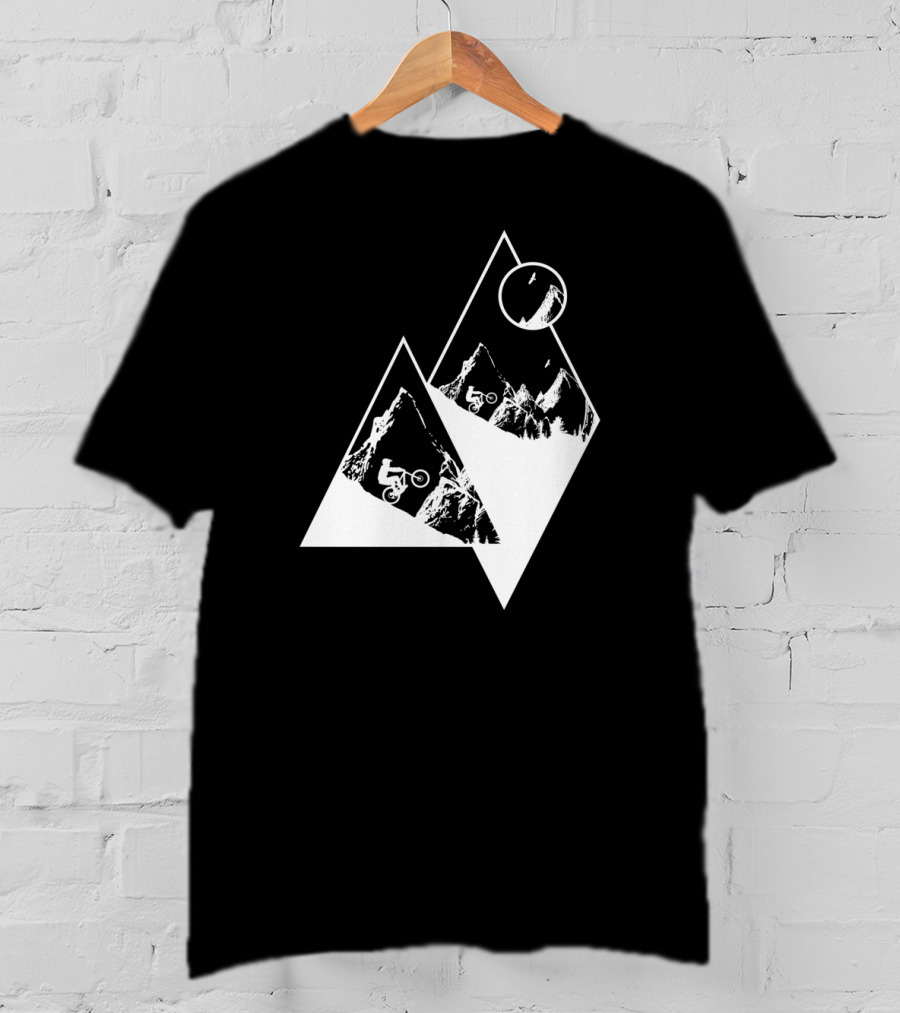 MTB Cyclist On White Mountain Peaks With Moon In Geometric T-Shirt
