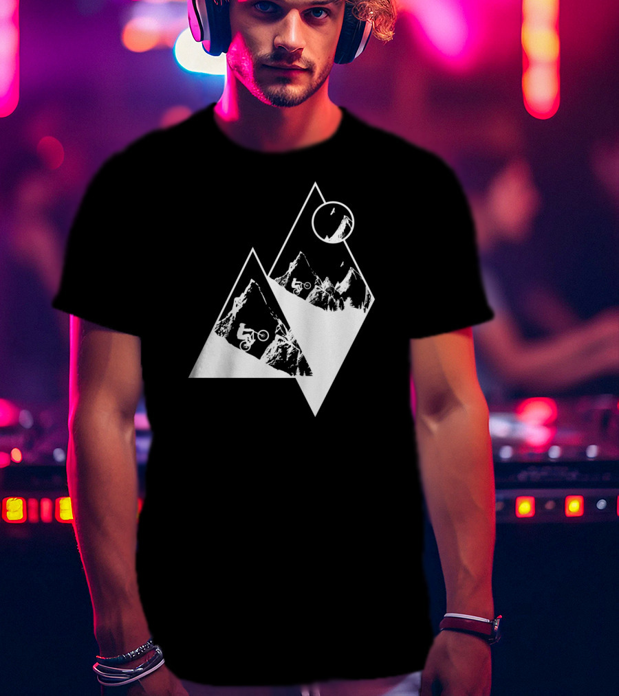 MTB Cyclist On White Mountain Peaks With Moon In Geometric T-Shirt