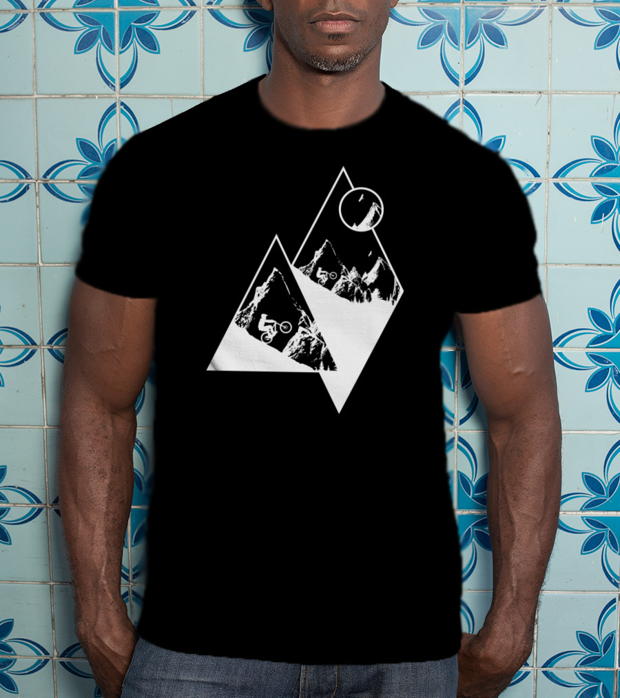 MTB Cyclist On White Mountain Peaks With Moon In Geometric T-Shirt