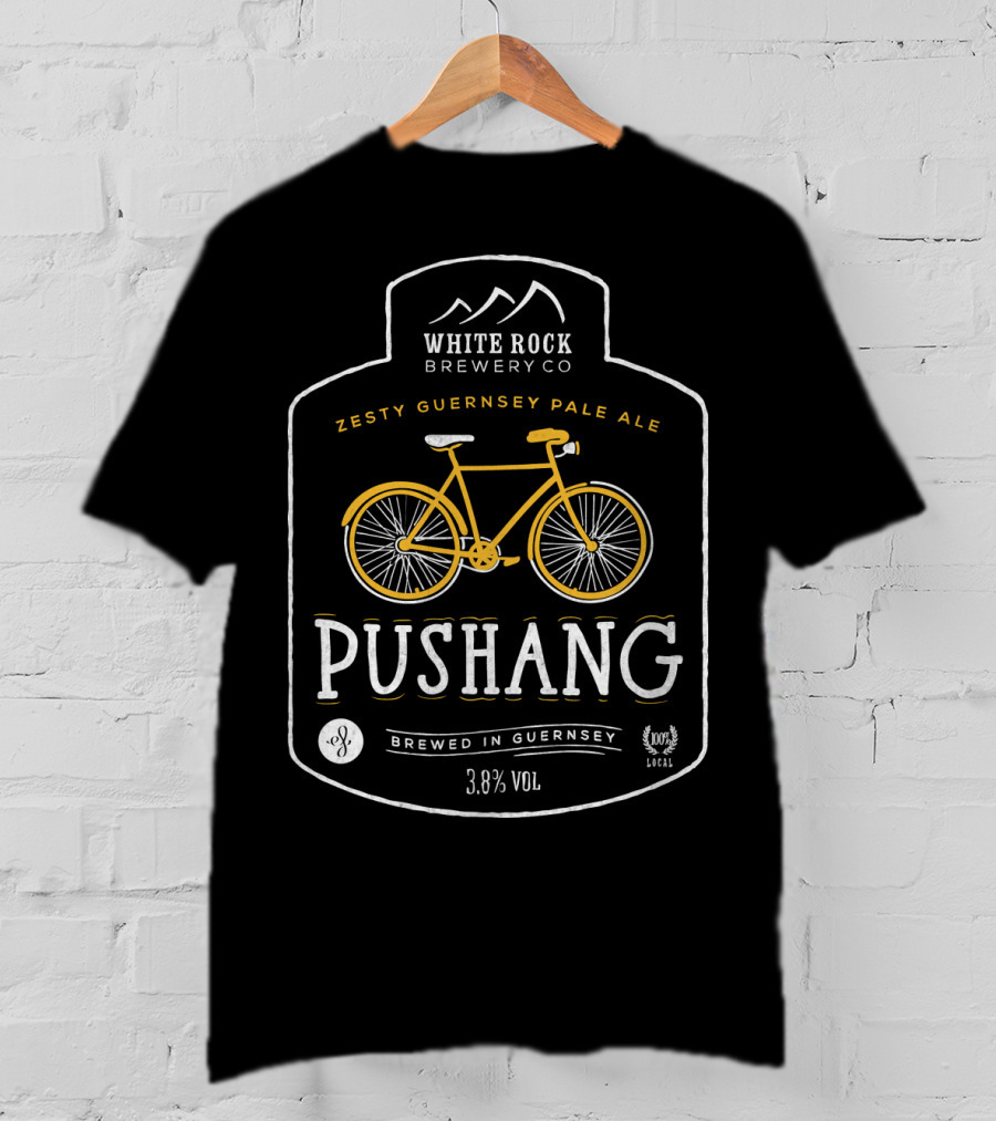 White Rock Brewery Co Pushang Zesty Guernsey Pale Ale 3.8% Vol Brewed In Guernsey Bike Label T-Shirt