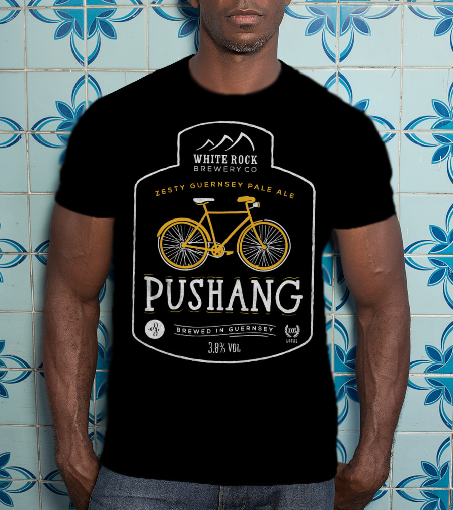 White Rock Brewery Co Pushang Zesty Guernsey Pale Ale 3.8% Vol Brewed In Guernsey Bike Label T-Shirt