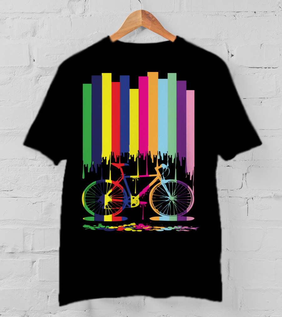Rainbow Bicycle Dripping Paint Stripes T-Shirt