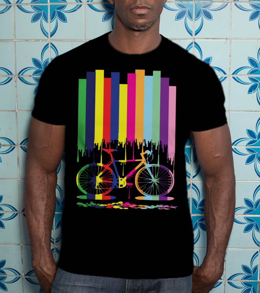 Rainbow Bicycle Dripping Paint Stripes T-Shirt