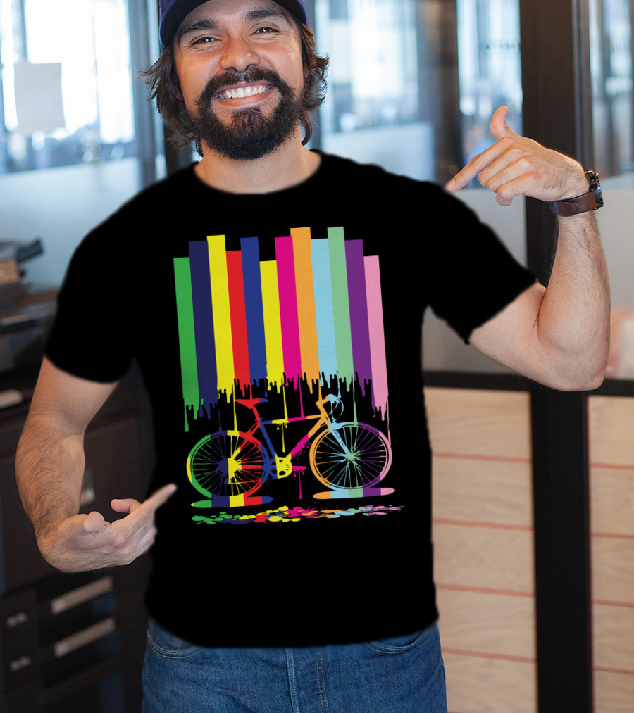 Rainbow Bicycle Dripping Paint Stripes T-Shirt
