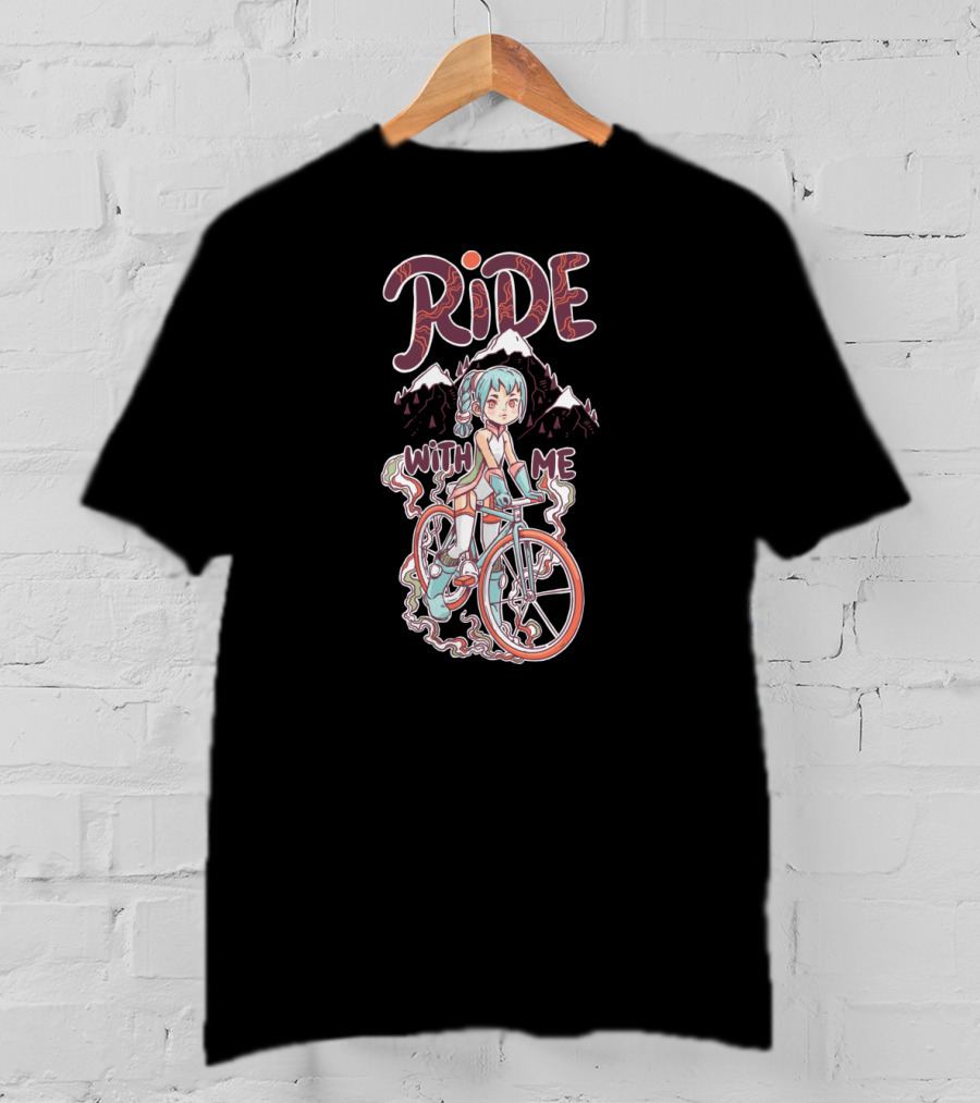 RIDE WITH ME Manga Style Biking Adventure With Blue-Haired Anime Character And Mountain Background T-Shirt