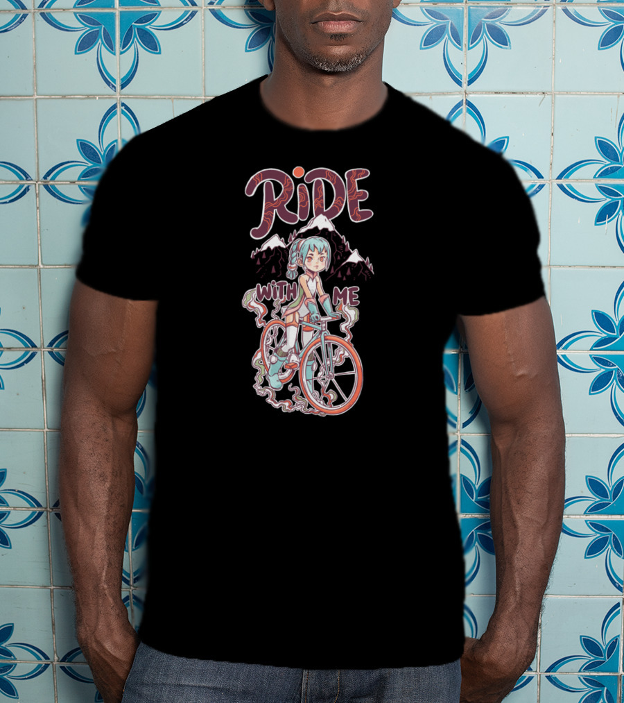 RIDE WITH ME Manga Style Biking Adventure With Blue-Haired Anime Character And Mountain Background T-Shirt