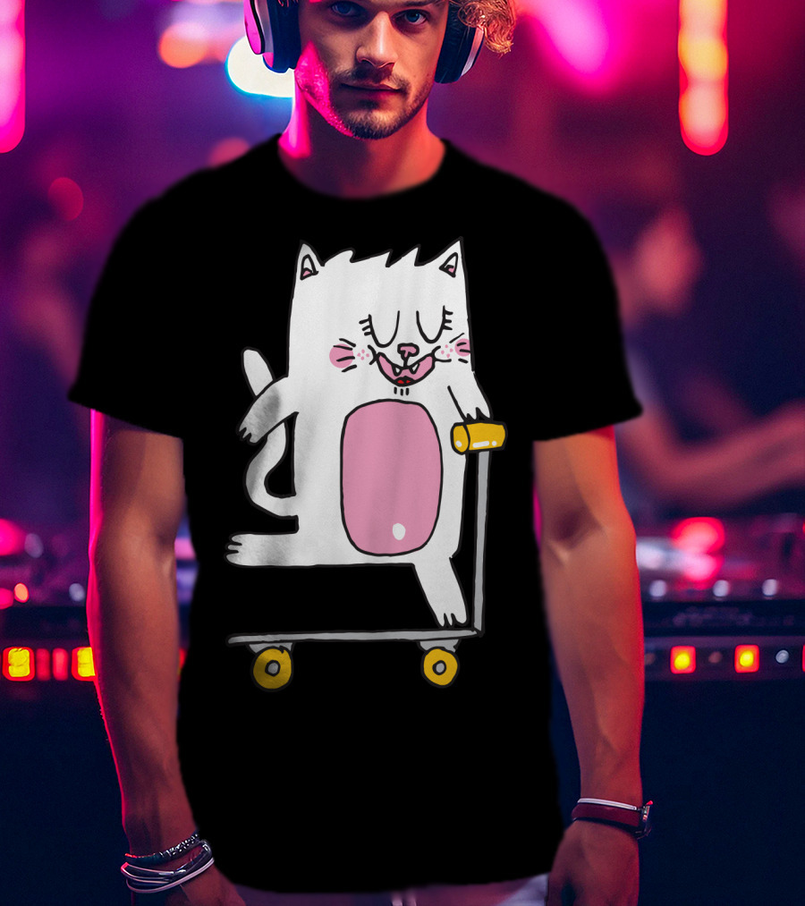 Riding The Scooter With Happy White Cat T-Shirt