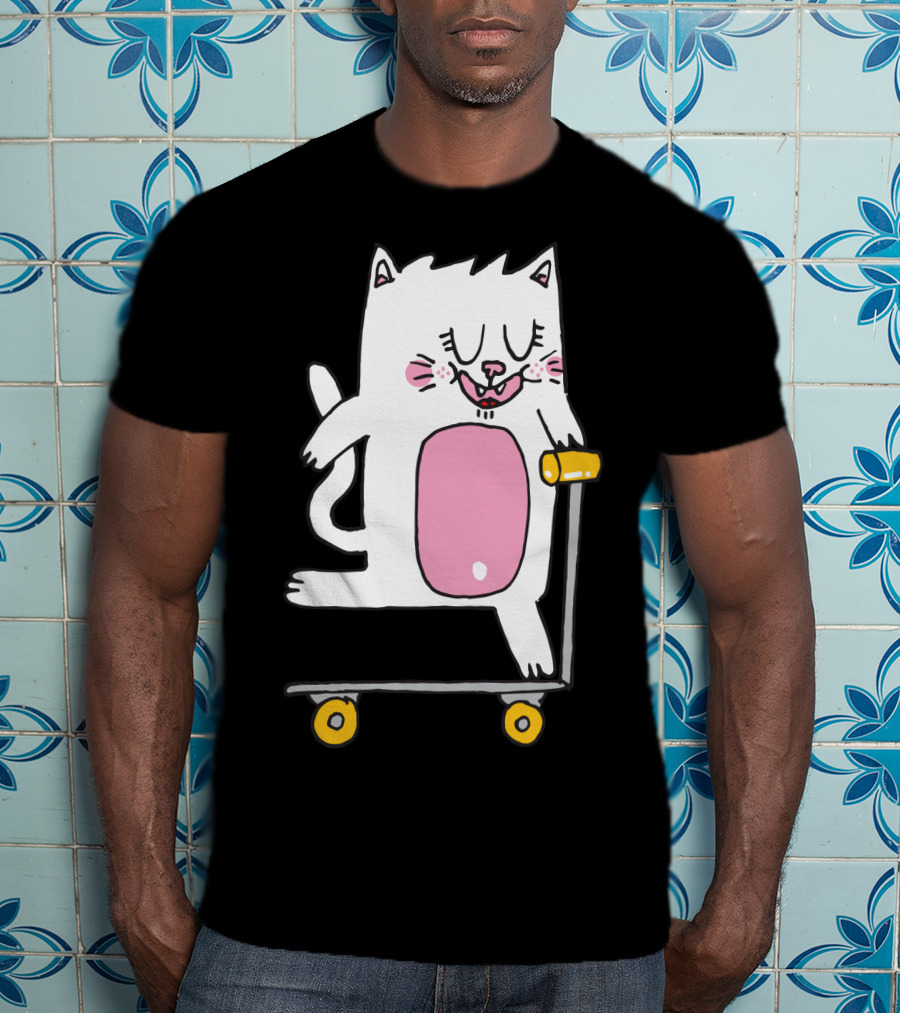 Riding The Scooter With Happy White Cat T-Shirt