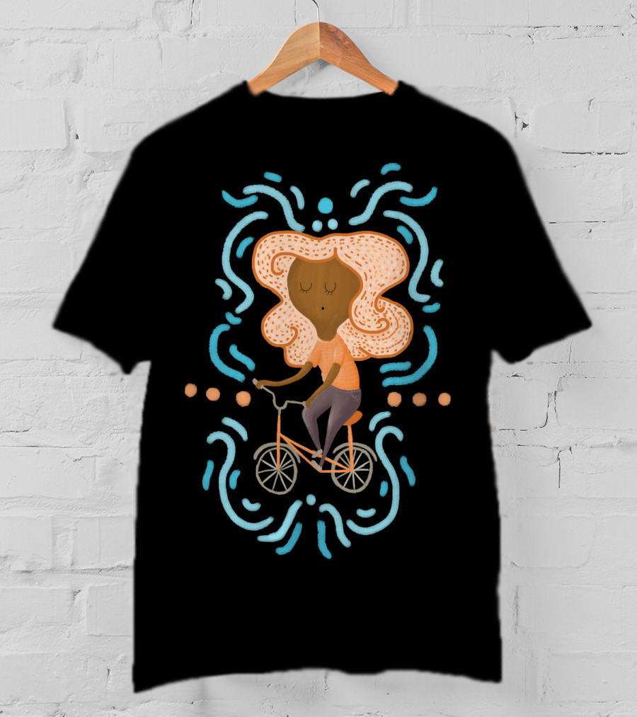 Sarah Bicycle Curly Orange Hair Blue Accents T-Shirt