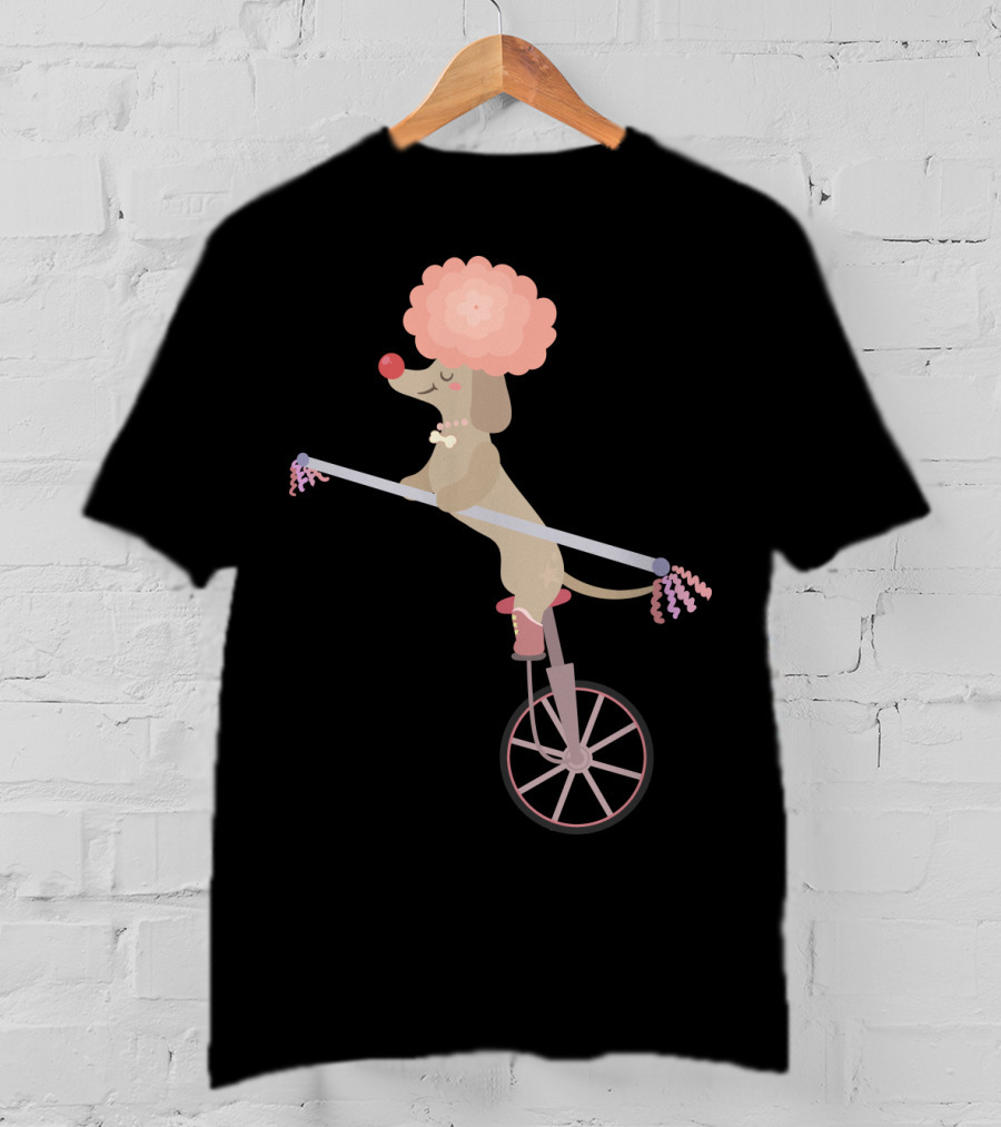 Unicycle Dog With Clown Wig And Red Nose Balancing On Wheel T-Shirt