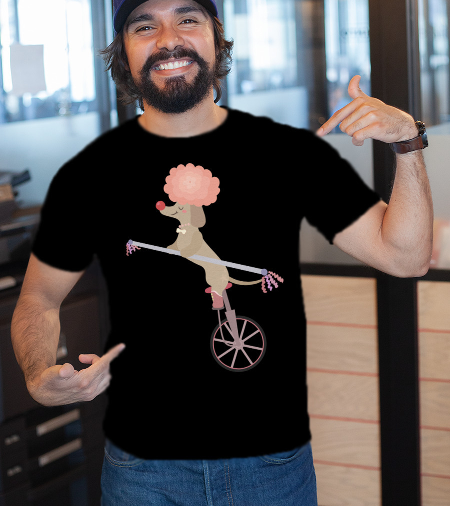 Unicycle Dog With Clown Wig And Red Nose Balancing On Wheel T-Shirt