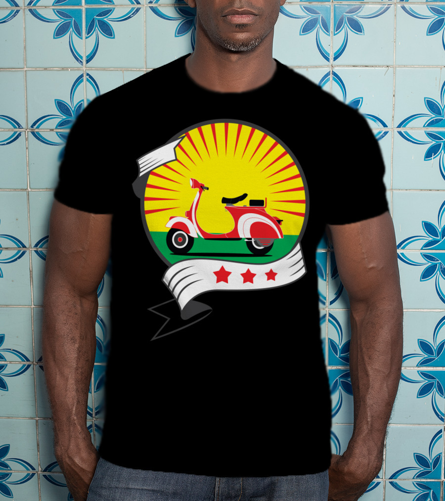 Vintage Red Scooter Sunburst Three Star Emblem T-Shirt