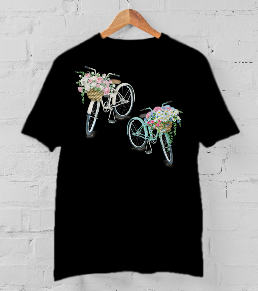 Vintage Bicycles With Flower Baskets Roses And Daisies T-Shirt