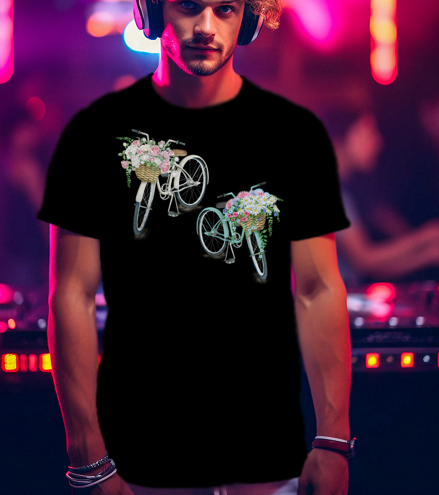 Vintage Bicycles With Flower Baskets Roses And Daisies T-Shirt