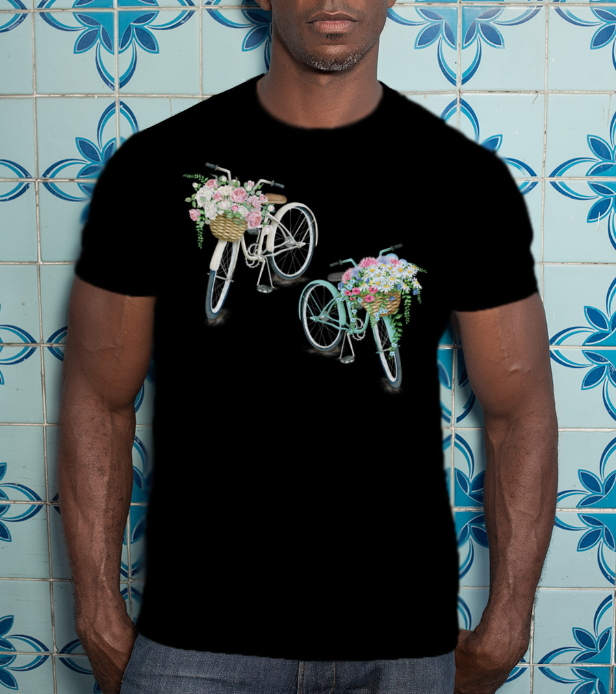 Vintage Bicycles With Flower Baskets Roses And Daisies T-Shirt