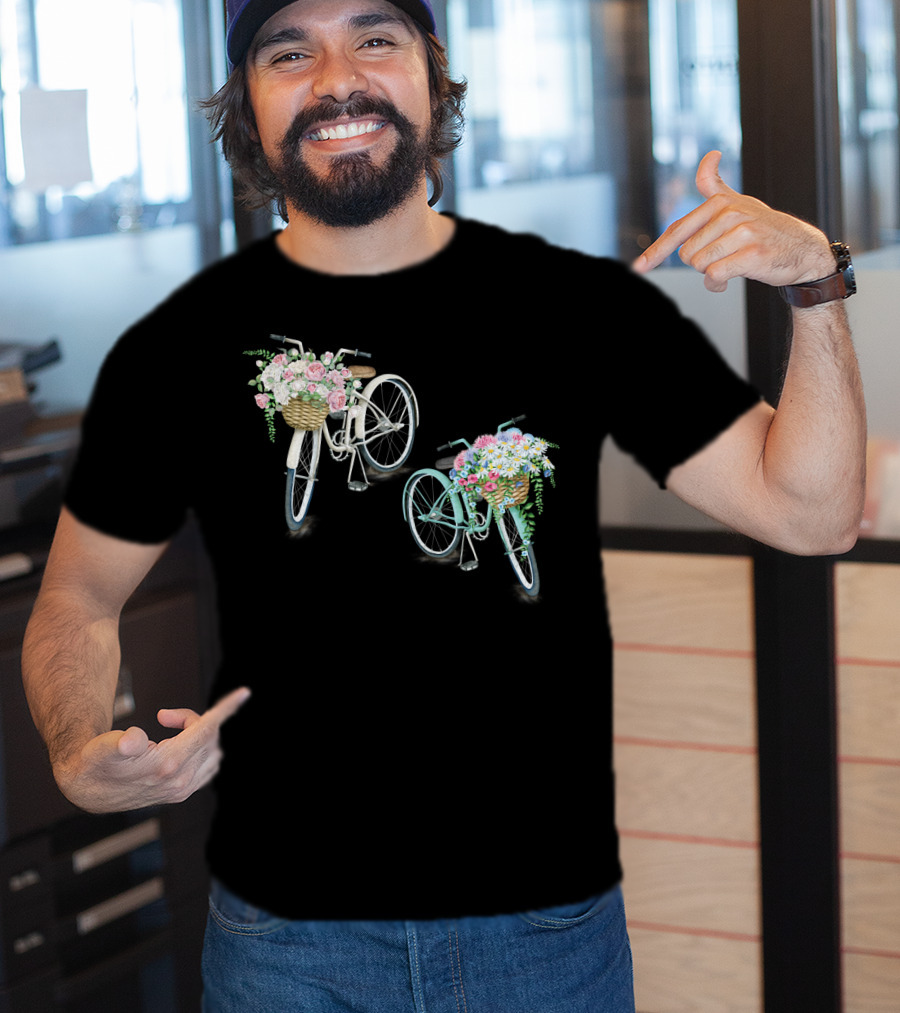 Vintage Bicycles With Flower Baskets Roses And Daisies T-Shirt