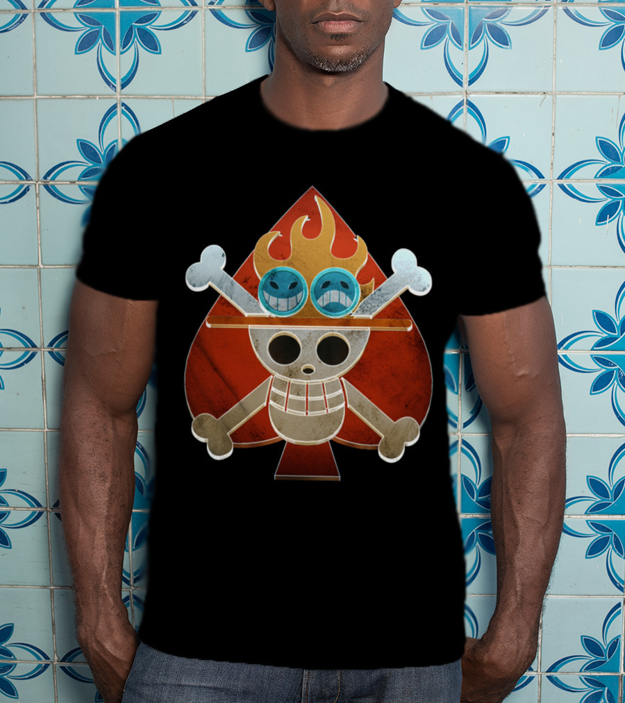 Ace One Piece Spade Pirates Jolly Roger Flame Hat T-Shirt