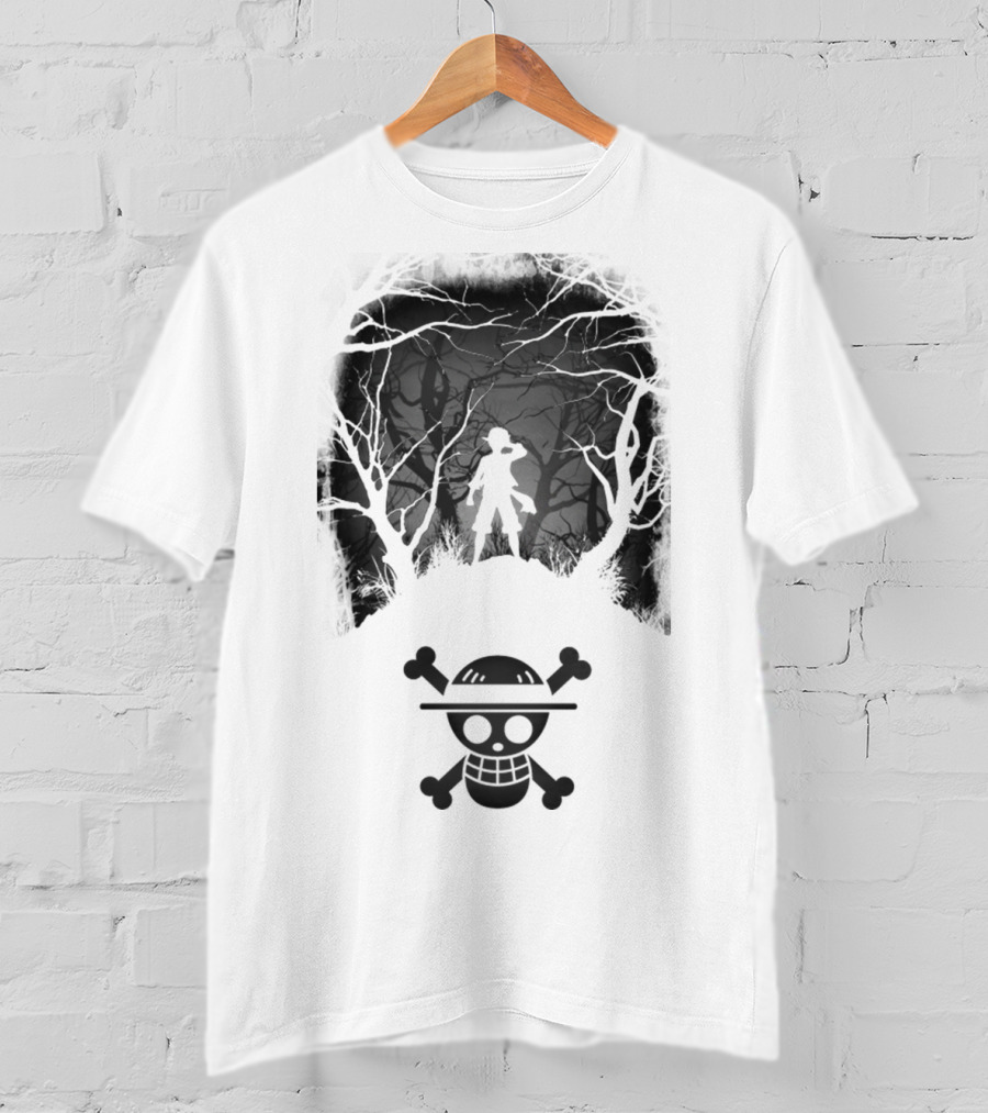 Luffy Silhouette In The Woods With Straw Hat Pirate Skull T-Shirt