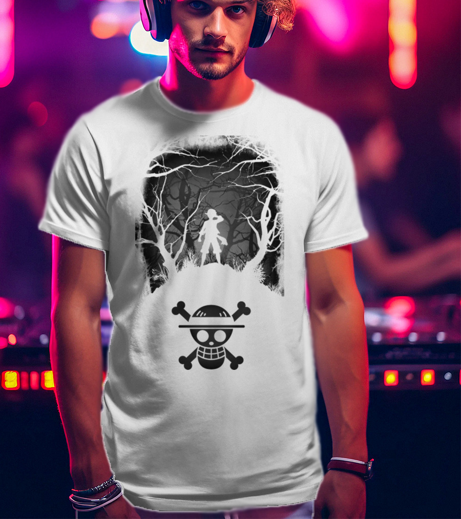 Luffy Silhouette In The Woods With Straw Hat Pirate Skull T-Shirt