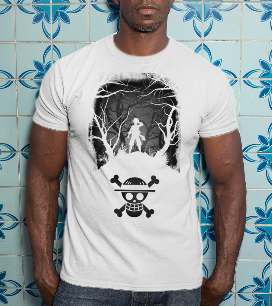 Luffy Silhouette In The Woods With Straw Hat Pirate Skull T-Shirt