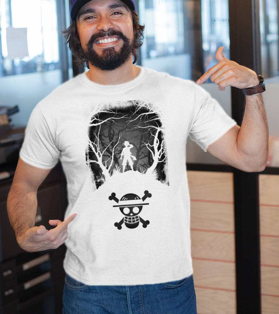 Luffy Silhouette In The Woods With Straw Hat Pirate Skull T-Shirt