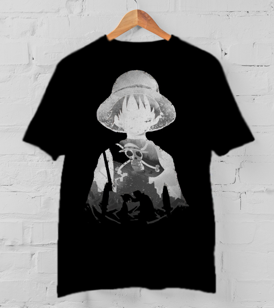 Monochrome Luffy Skull Silhouette Straw Hat Pirate T-Shirt