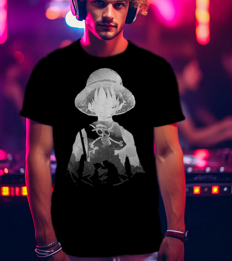 Monochrome Luffy Skull Silhouette Straw Hat Pirate T-Shirt