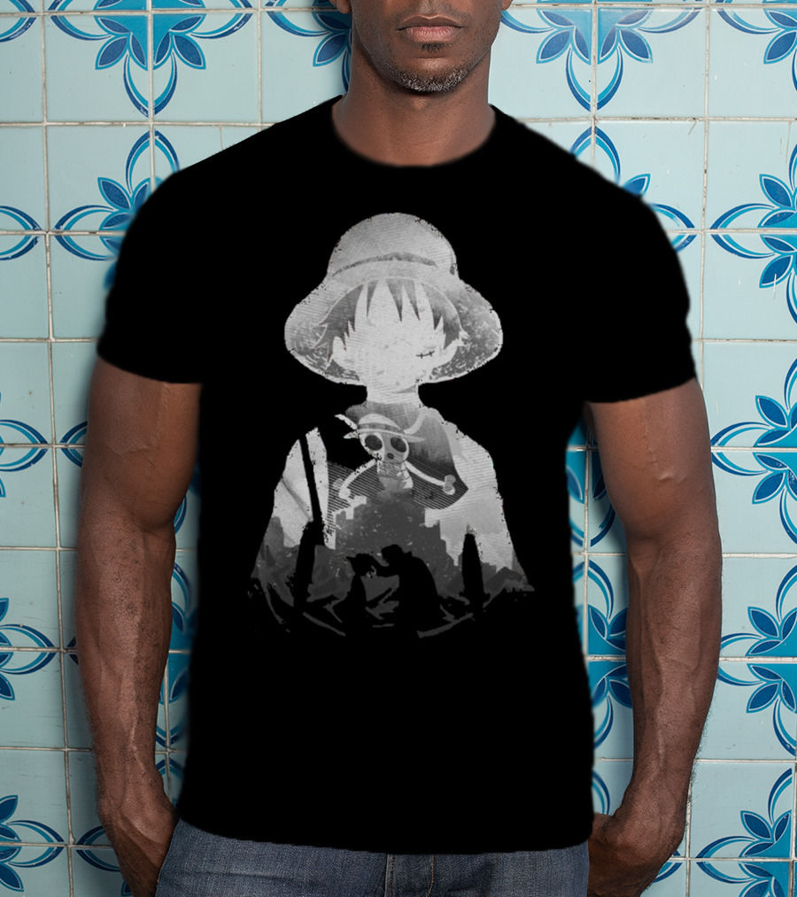 Monochrome Luffy Skull Silhouette Straw Hat Pirate T-Shirt