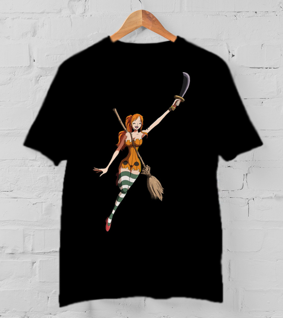 Nami Witch Riding Broomstick Sword Striped Stockings T-Shirt