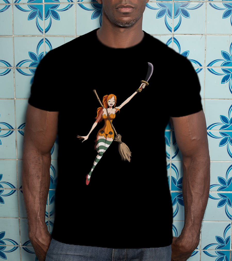 Nami Witch Riding Broomstick Sword Striped Stockings T-Shirt
