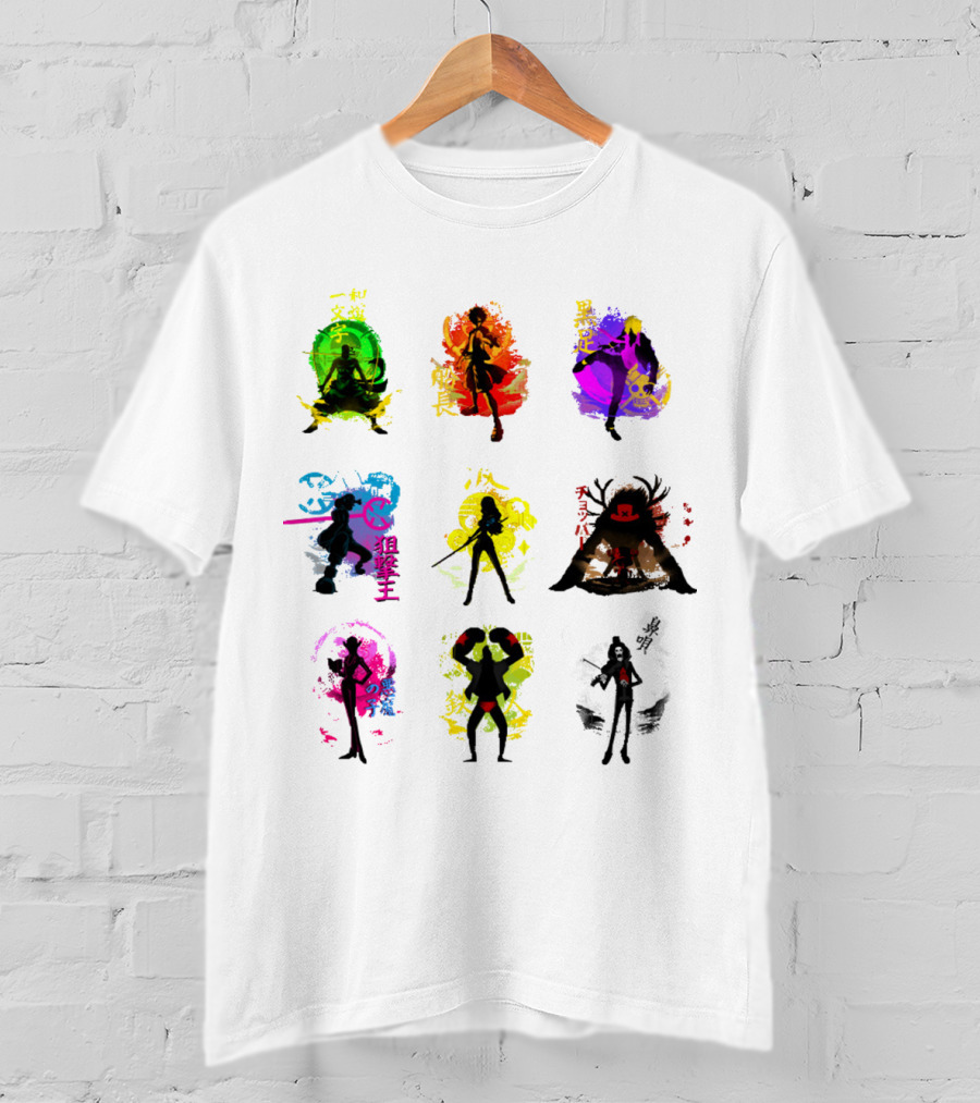Anime Pirates Straw Hat Crew Silhouettes Japanese Text Colors T-Shirt