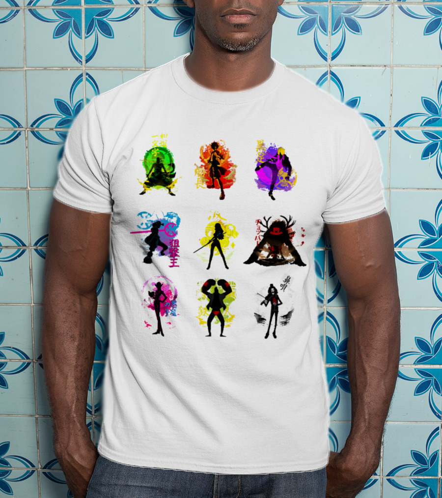 Anime Pirates Straw Hat Crew Silhouettes Japanese Text Colors T-Shirt