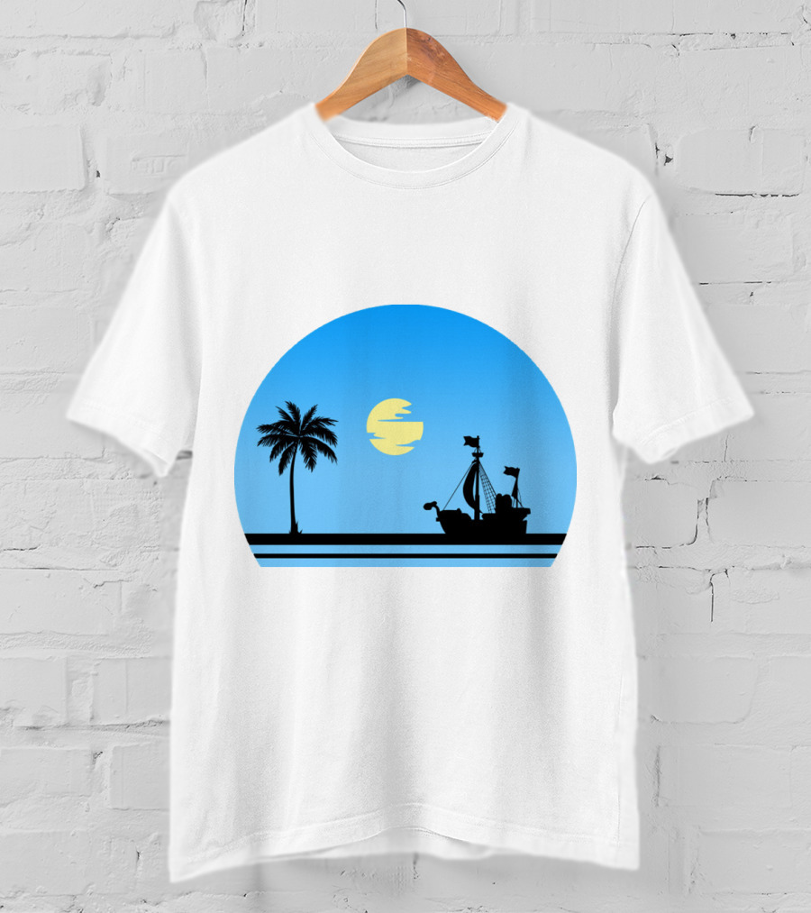 Going Merry Ship Silhouette Sunrise With Palm Tree And Sun T-Shirt