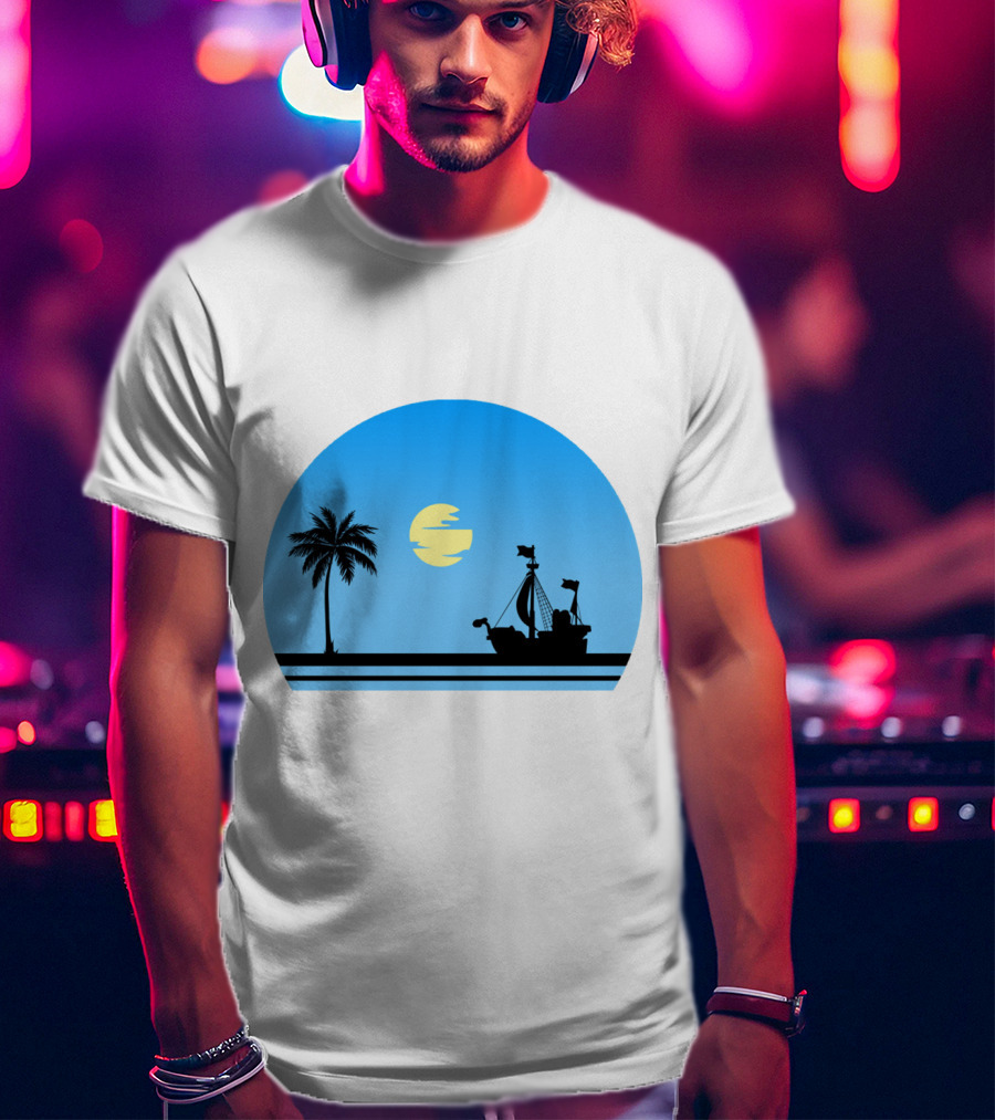 Going Merry Ship Silhouette Sunrise With Palm Tree And Sun T-Shirt