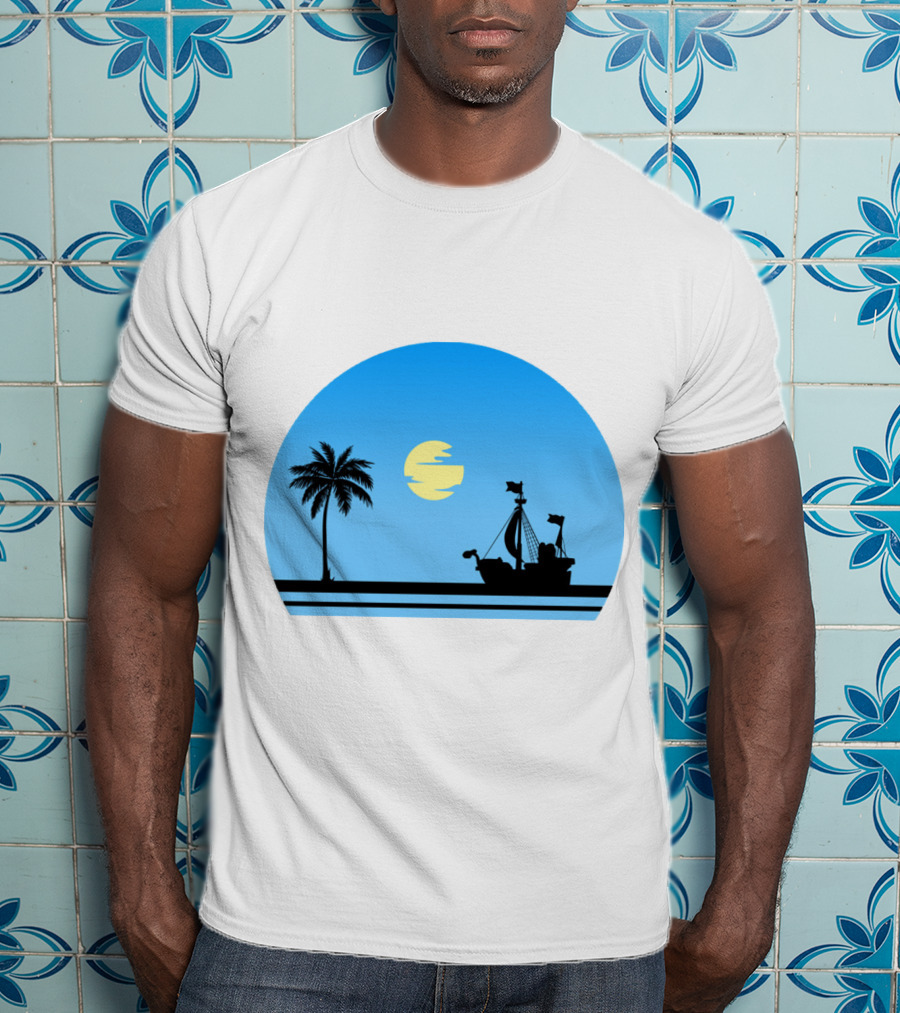 Going Merry Ship Silhouette Sunrise With Palm Tree And Sun T-Shirt