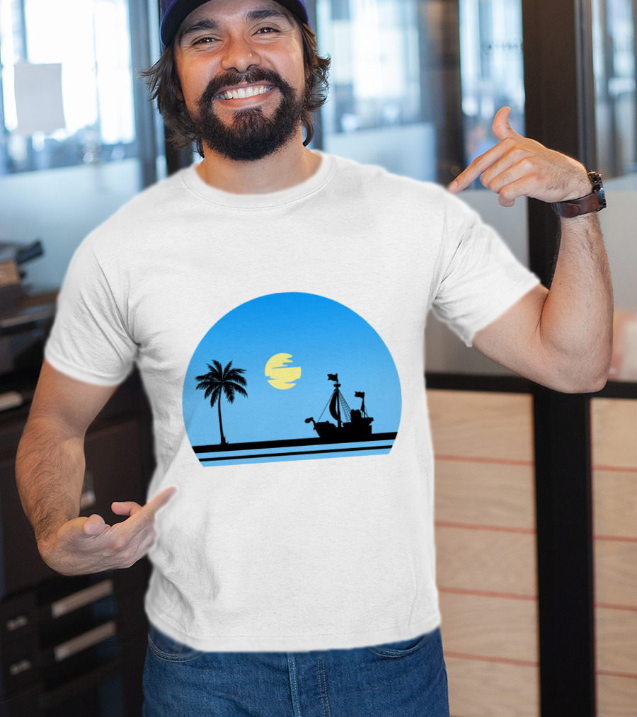 Going Merry Ship Silhouette Sunrise With Palm Tree And Sun T-Shirt