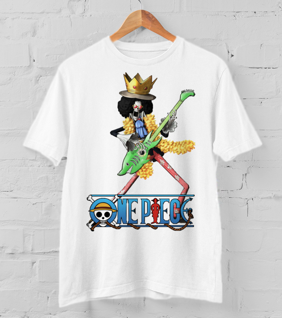 One Piece Brook Playing Guitar With Crown And Yellow Feather Boa T-Shirt