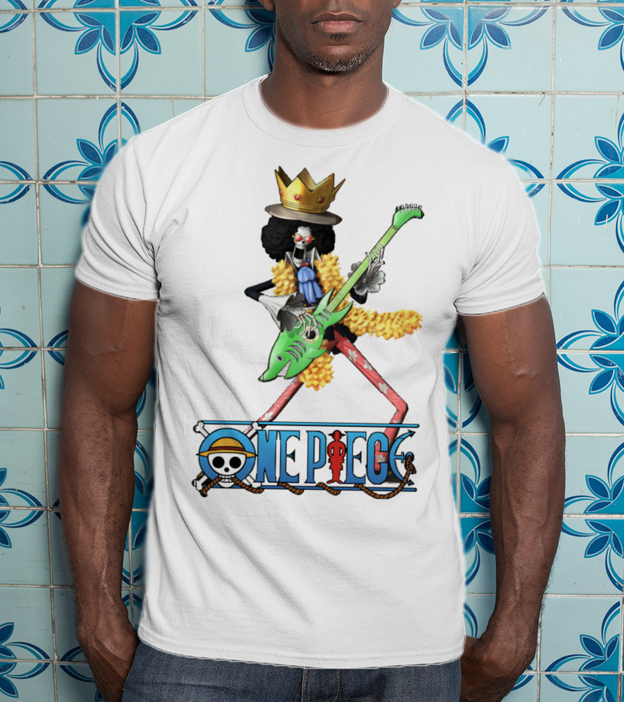 One Piece Brook Playing Guitar With Crown And Yellow Feather Boa T-Shirt