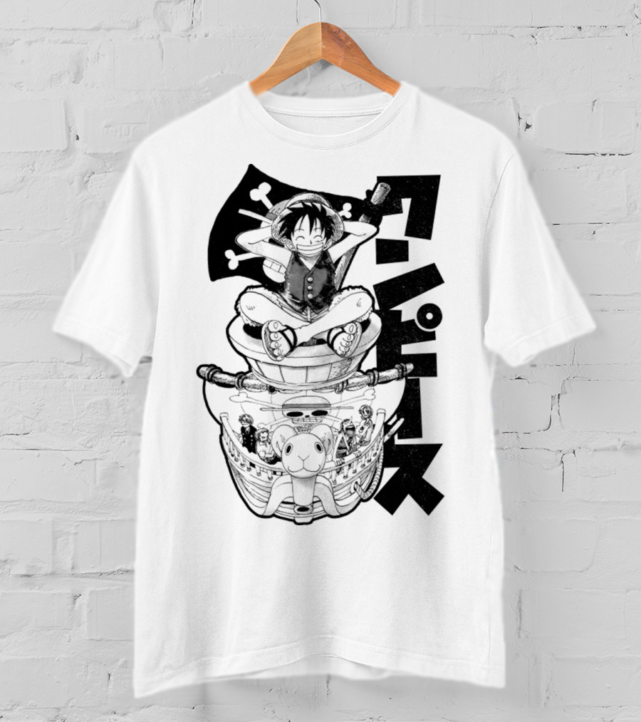 Luffy On Going Merry With Straw Hat Pirates Crew And Jolly Roger Flag T-Shirt