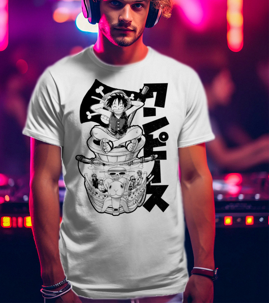Luffy On Going Merry With Straw Hat Pirates Crew And Jolly Roger Flag T-Shirt