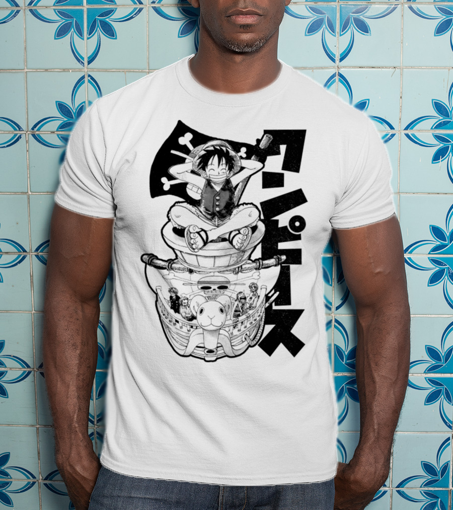 Luffy On Going Merry With Straw Hat Pirates Crew And Jolly Roger Flag T-Shirt