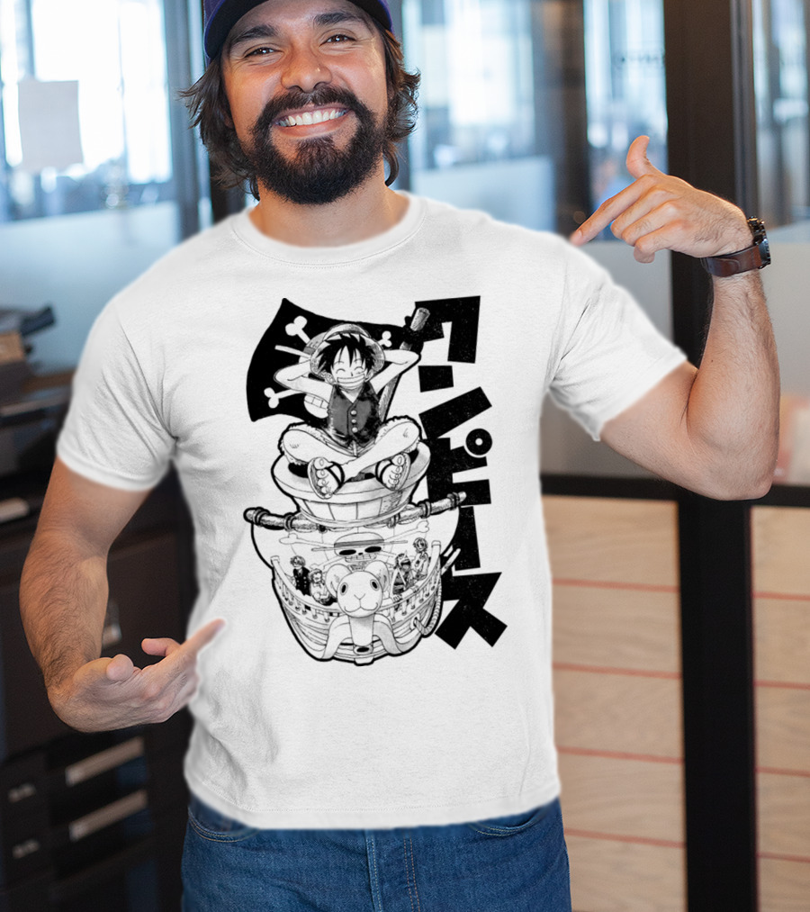 Luffy On Going Merry With Straw Hat Pirates Crew And Jolly Roger Flag T-Shirt
