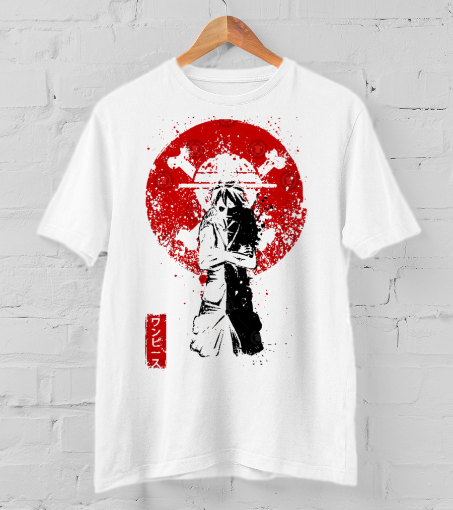 One Piece Pirate's King Splat­ter Japanese Text And Crossbones Red Circle T-Shirt