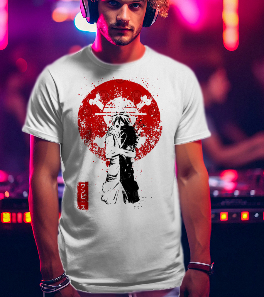 One Piece Pirate's King Splat­ter Japanese Text And Crossbones Red Circle T-Shirt