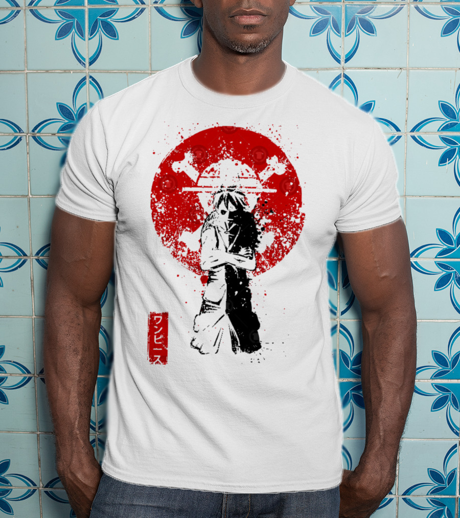 One Piece Pirate's King Splat­ter Japanese Text And Crossbones Red Circle T-Shirt