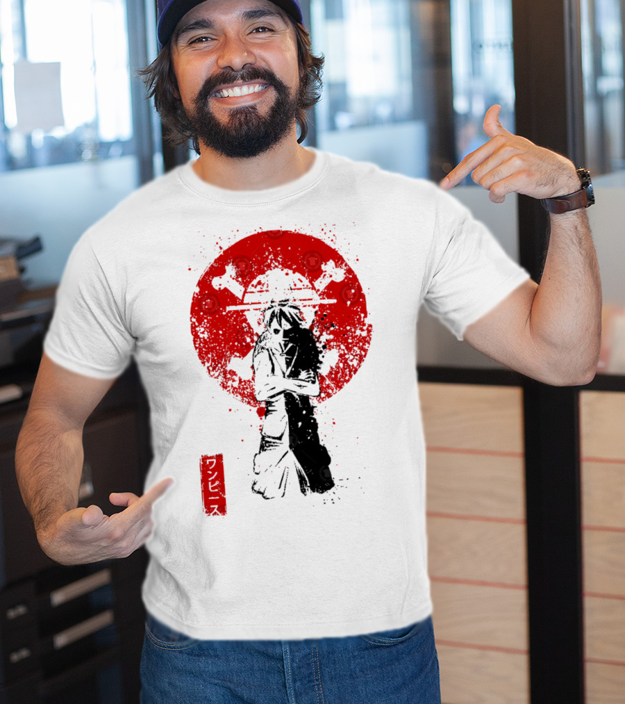 One Piece Pirate's King Splat­ter Japanese Text And Crossbones Red Circle T-Shirt
