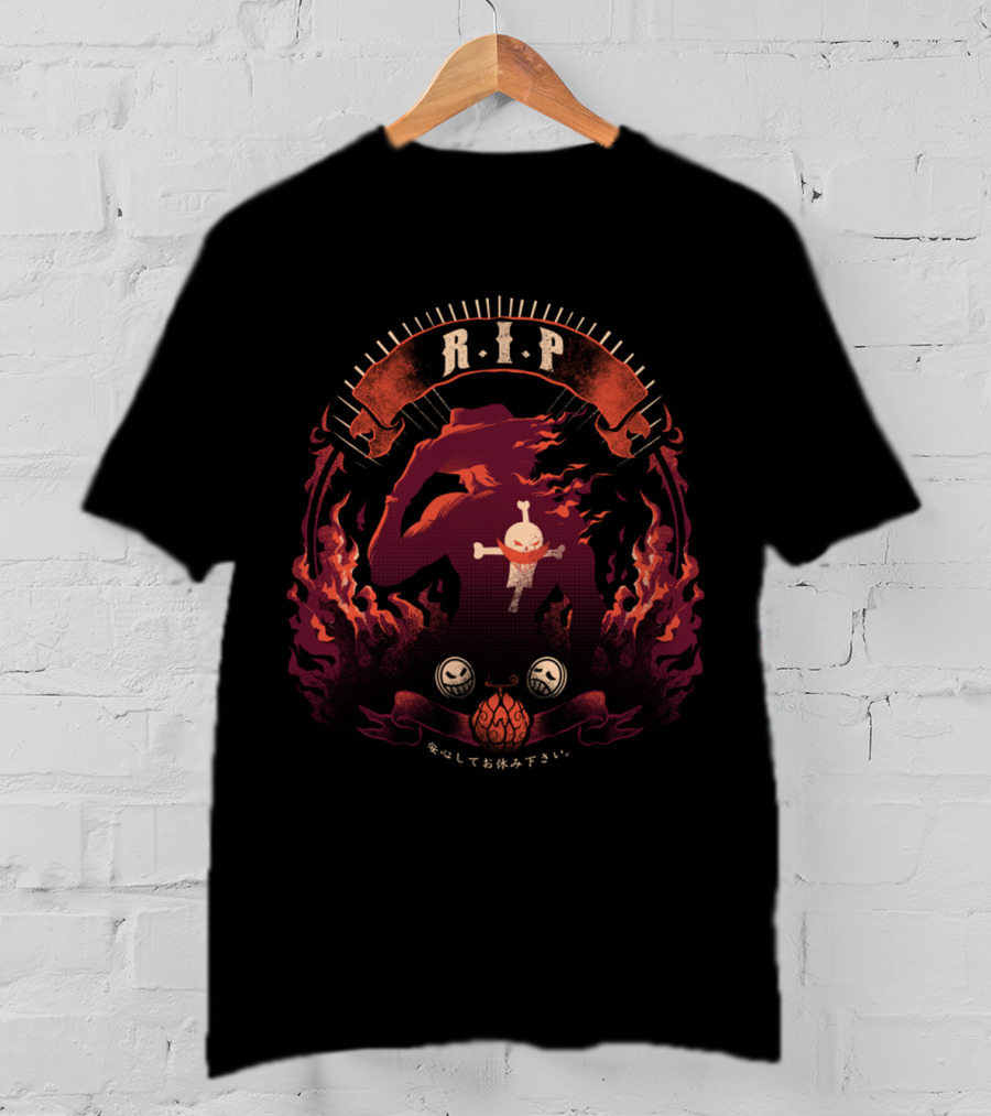 RIP Ace Fire Skull Hat Flames Japanese Text T-Shirt